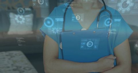 Nurse holding clipboard with holographic medical interface, futuristic healthcare technology