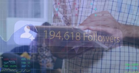 Business professional tapping tablet showing 194,618 followers with analytics dashboard