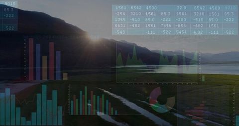 Ar data overlays floating over lakeside wetlands and mountain sunset with analytics