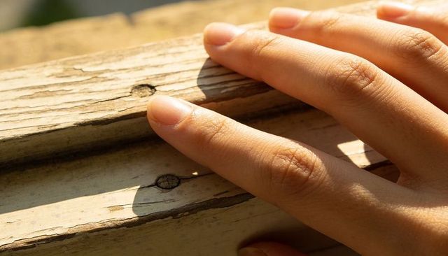 Sunlit hand touching weathered wooden railing with sharp finger shadows and textured grain
