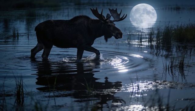 Moonlit bull moose wading through marsh with palmate antlers and shimmering reflections