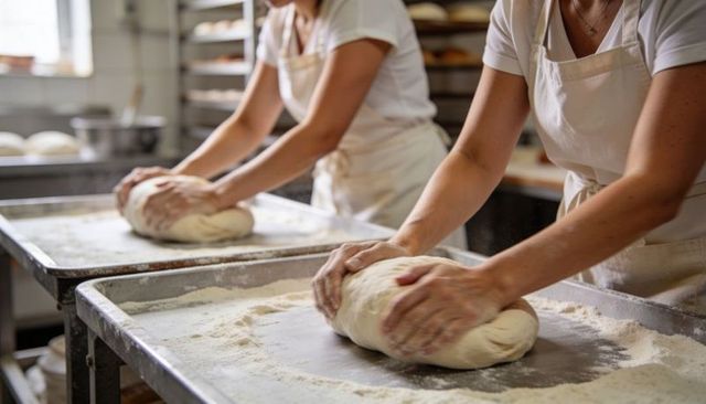 Artisan bakers kneading and shaping dough on floured steel table in busy bakery production