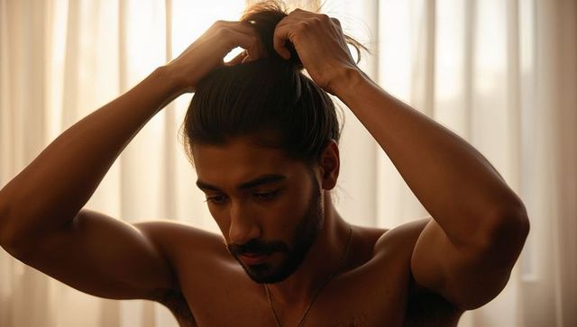 Shirtless indian man tying long hair into bun by sunlit curtain window, muscular torso