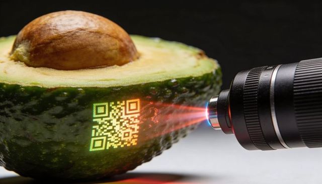 Laser projecting qr code onto halved avocado with pit closeup smart food label concept