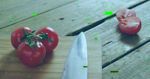 Fresh Tomatoes on Rustic Board with Digital Binary Integration