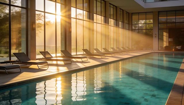 Sunlit indoor pool at luxury spa with turquoise water, row of loungers and golden sunbeams