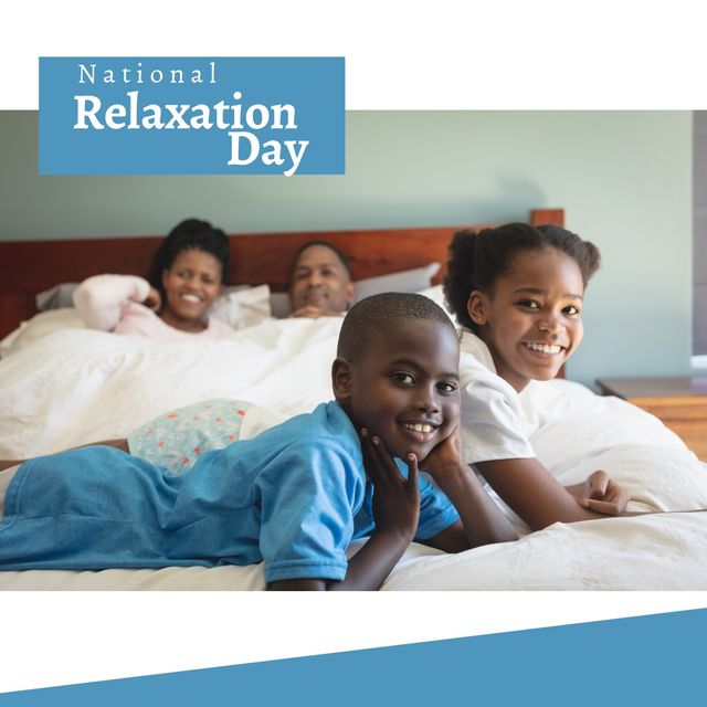 African American family smiling and relaxing together on a bed, celebrating National Relaxation Day. Ideal for promoting family-oriented events, leisure activities, relaxation techniques, or home comfort products aimed at promoting family bonding and relaxation.