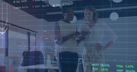 Colleagues Collaborating with Financial Data Visualization Overlay - Download Free Stock Images Pikwizard.com