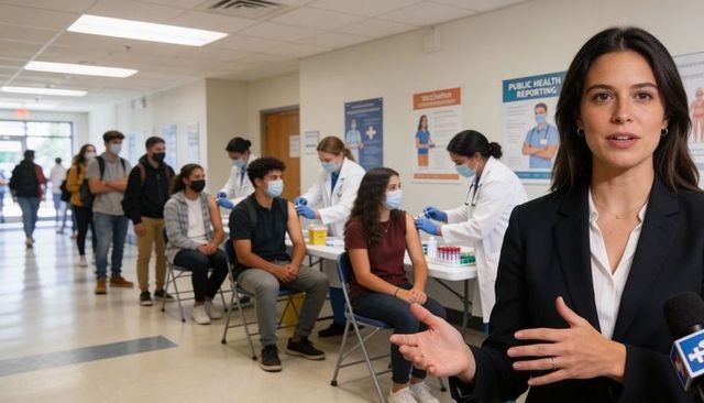 Reporter speaking in school clinic at teen vaccination drive with medical staff and students