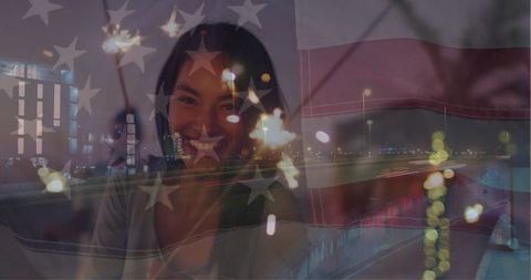 Patriotic Celebration with Sparkler and American Flag Overlay