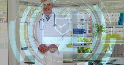 Senior Doctor in Clinic with Futuristic Digital Interface