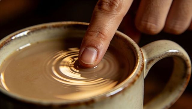 Finger touching coffee surface creating concentric ripples in ceramic mug closeup