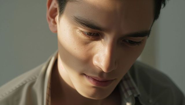 Contemplative Young Man Gazing Downward in Soft Window Light Close-Up with Shadow Bands