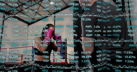 Female boxer training with coach in ring overlaid with financial market data