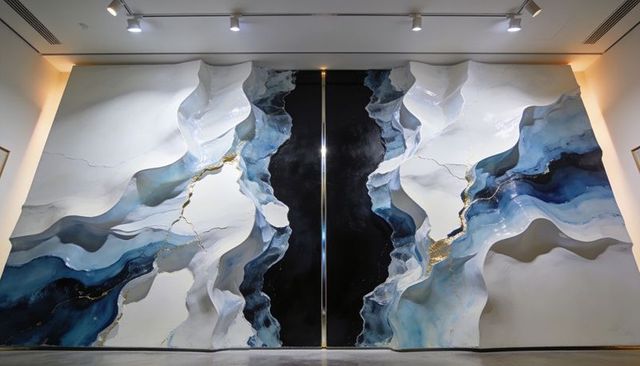 Blue-white abstract diptych with glossy black center, gold veins and sculptural relief