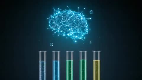 Holographic Neural Brain Pulsing Above Test Tubes With Rising Bubbles, Future Lab Concept