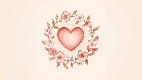 Romantic floral wreath with red heart on cream background