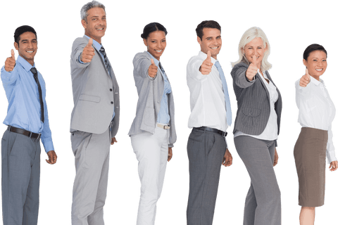 Diverse business team showing thumbs up on transparent background