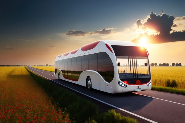 Modern electric bus with a futuristic design driving along a countryside road at sunset. Ideal for advertisements and promotions focused on sustainable transportation, innovative technology in vehicles, and eco-friendly travel solutions. Suitable for use in blogs or articles about green technology, electric vehicles, and advancements in public transport. Can be featured in posters, brochures, or websites promoting rural tourism and environmentally conscious initiatives.