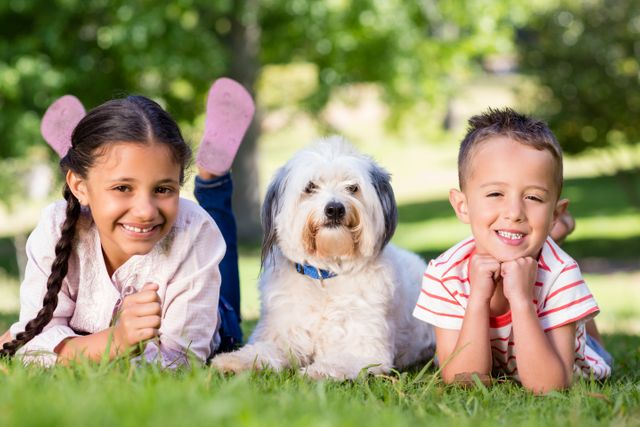 Children enjoying a sunny day in the park with their pet dog. Perfect for family-oriented advertisements, pet care promotions, and articles about outdoor activities and childhood memories.