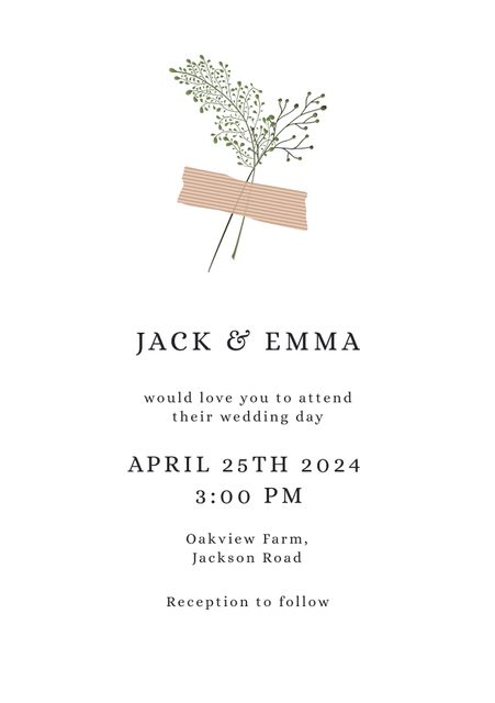 Invitation design incorporates minimalist typography with elegant foliage detail ideal for modern and nature-inspired weddings. Suitable for digital or printed wedding invitations, creating a sophisticated and intimate feel. Great for couples preferring an understated yet stylish wedding announcement.