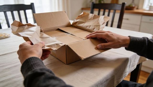 Hands Opening Cardboard Parcel with Packing Paper on Cozy Kitchen Table, Unboxing Moment