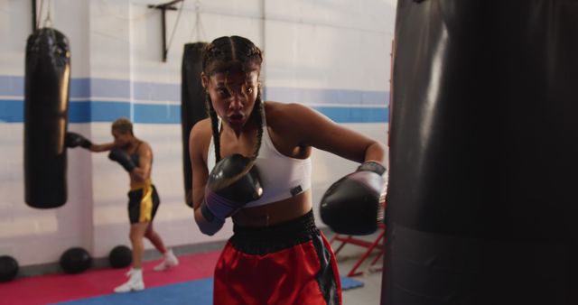 Biracial female boxer with braids and colleague training on punchbags at boxing gym, copy space. Training, boxing, sport, strength and competition, unaltered.