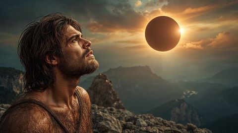 Caveman gazing at solar eclipse on rocky mountain peak during dawn