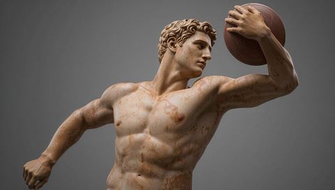 Classical sculpture holding leather basketball with weathered marble patina