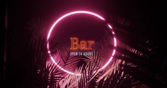 Neon Bar Sign with Tropical Leaves and 24-Hour Availability Notification - Download Free Stock Images Pikwizard.com