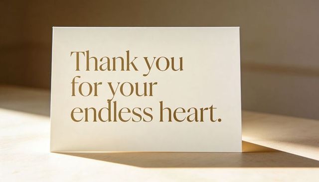 Minimalist cream greeting card expressing gratitude with gold serif text on wood tabletop