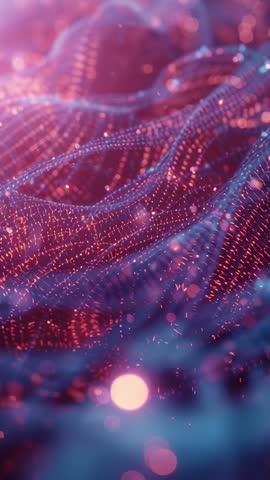 Vertical futuristic mesh wave with glowing particles and flowing digital network