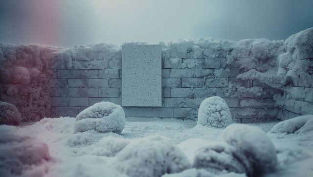 Frosted Enclosed Courtyard with Speckled Brick Wall Panel Under Bluish Glow
