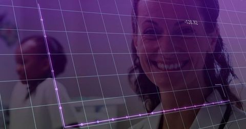 Smiling doctor in lab coat with healthcare trend graph overlay