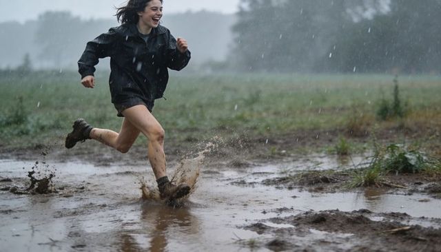 Young woman running through muddy puddles in heavy rain wearing waterproof jacket and boots