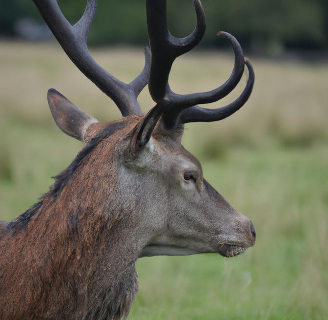 A majestic red deer stag standing in a grassy field with its antlers prominently displayed. Ideal for nature-themed content, wildlife education materials, or to add a serene natural element to outdoor and conservation-related publications.