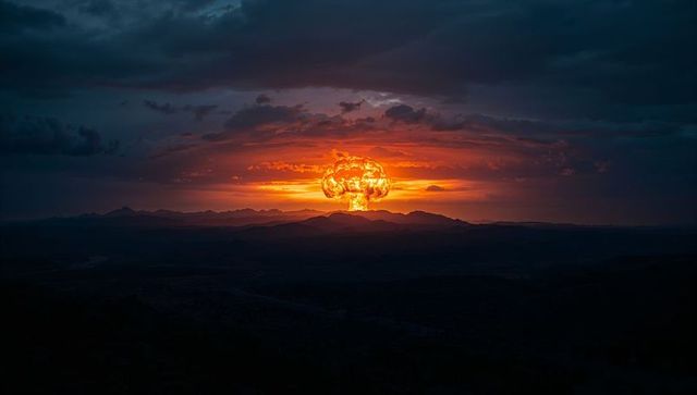 Mushroom cloud exploding over mountain valley at dusk, fiery sunset illuminating ridges
