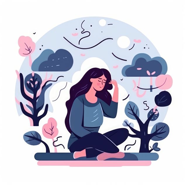This calming illustration shows a woman meditating among plants and trees, creating a serene and tranquil environment. Perfect for use in wellness blogs, mindfulness resource materials, relaxation apps, and social media posts promoting mental health and personal well-being.