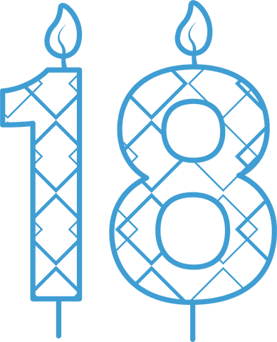 Blue 18 birthday candle with flames on transparent background