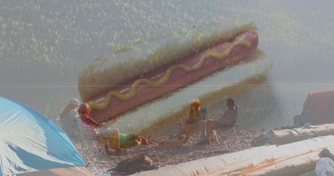 Surreal Hot Dog Overlay at Lakeside Campsite Retreat