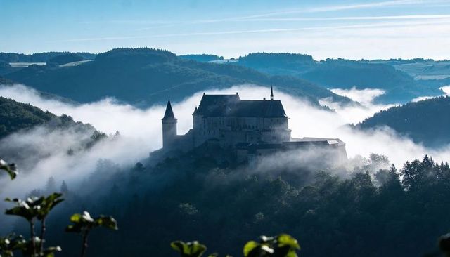 Misty morning castle silhouette on forested hilltop with conical tower and ridge