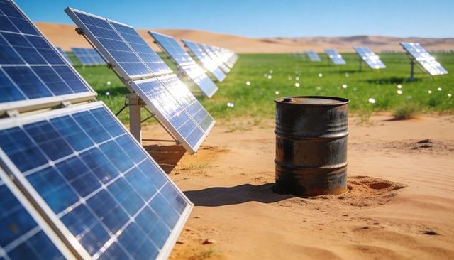 Rusted Barrel Sinking into Sand Among Solar Panel Array in Desert Renewable Energy Field