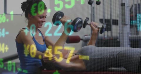Fitness Friends Exercising at Gym with Financial Data Overlay - Download Free Stock Images Pikwizard.com