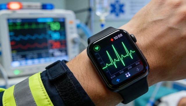Smartwatch showing ecg trace on paramedic wrist in emergency ambulance monitoring