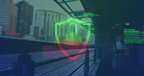 Cybersecurity digital concept with shield lock overlay
