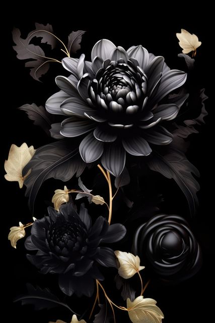 Dark Floral Art with Black and Gold Blooms on Dark Background - Download Free Stock Images Pikwizard.com