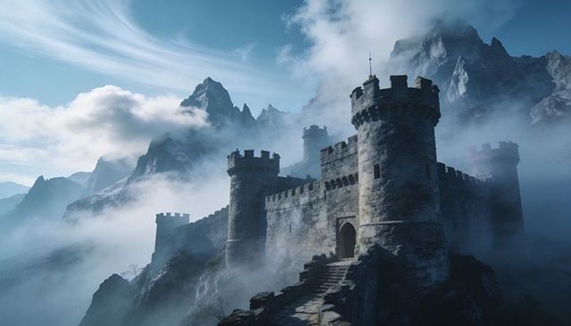 Towering medieval castle rising on misty mountain ridge with round turrets and battlements