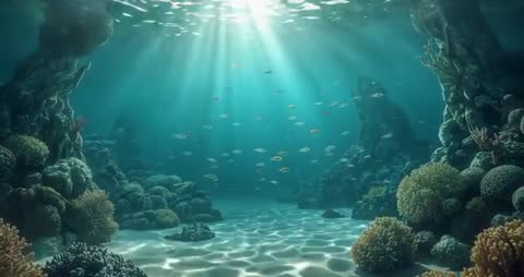 Schooling Fish Swim Through Sunlit Underwater Reef Landscape