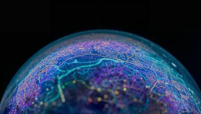 Glowing Neon Network Globe with Futuristic City Grid, Digital Nodes and Data Streams