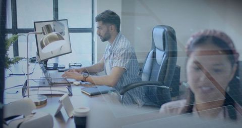 Engineer Analyzing 3D Model on Computer in Contemporary Office